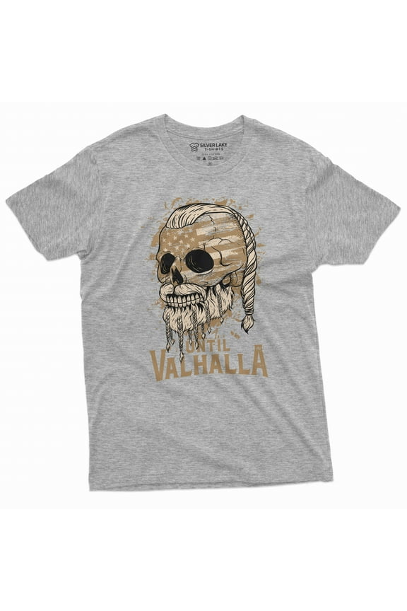Men's Valhalla Warrior T-shirt until Valhalla skull USA flag patriotic shirt Viking Mythology Tee (Small Grey)