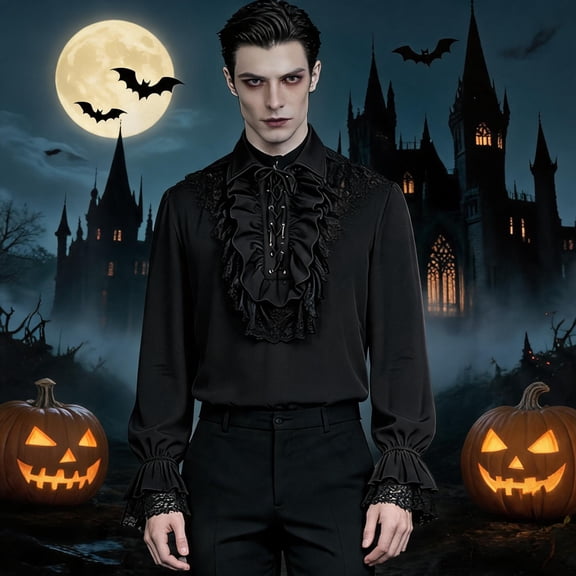 Men's Vampire Costume Shirt, Gothic Ruffle Front Long Sleeve Top with Lace Cuffs for Pirate, Renaissance, Halloween Party and Stage Performance, Black, Size XS
