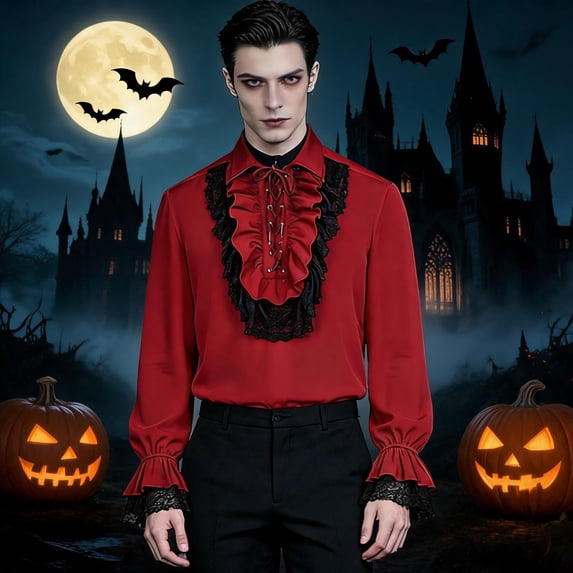 Men's Vampire Costume Shirt, Gothic Ruffle Front Long Sleeve Top with Lace Cuffs for Pirate, Renaissance, Halloween Party and Stage Performance, Red, Size XL