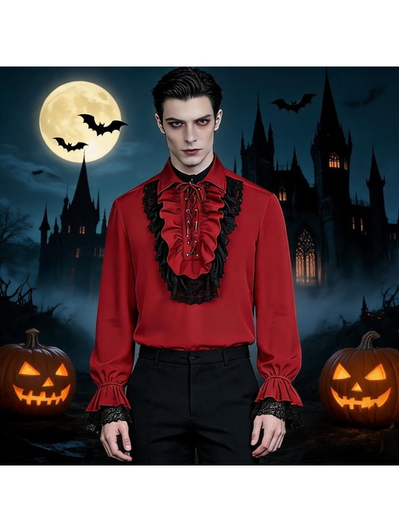Men's Vampire Costume Shirt, Gothic Ruffle Front Long Sleeve Top with Lace Cuffs for Pirate, Renaissance, Halloween Party and Stage Performance, Red, Size XS