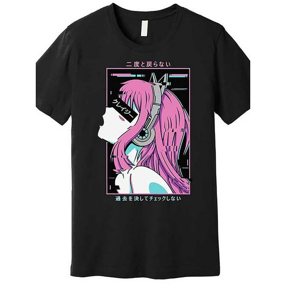 Men's Vaporwave Anime Girl Graphic T-Shirt - Casual Black Cotton Tee with Neon Accents, Short Sleeve, Round Neck, Machine Washable