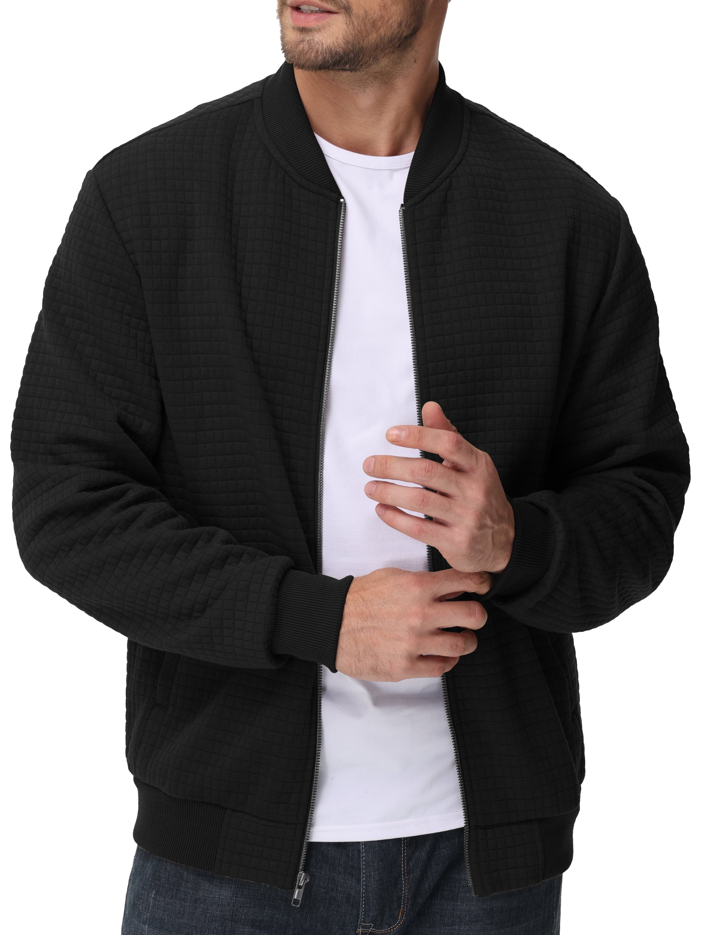 Men's Casual Bomber Jacket Lightweight Zip-Up Outerwear Coat, Black, Large