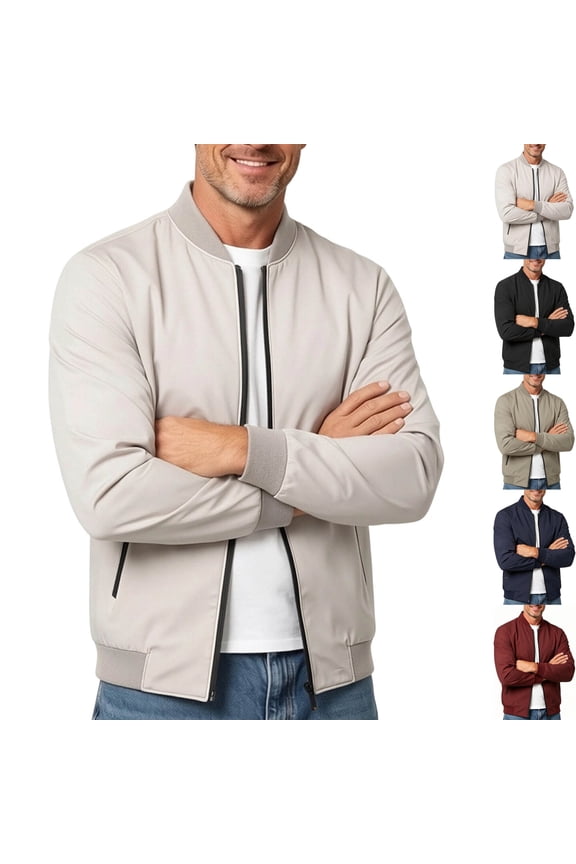 Men's Varsity Flight Jacket Ribbed Collar Full Zip Windproof Bomber Jackets for Casual Fall Winter Travel Layering with Pockets, Beige, XXL