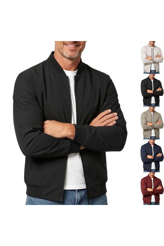 Men's Varsity Flight Jacket Ribbed Collar Full Zip Windproof Bomber Jackets for Casual Fall Winter Travel Layering with Pockets, Black, 3XL