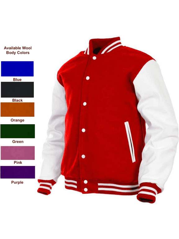 Genuine Leather Sleeve, Wool Blend Letterman Varsity Jacket, Men's, Boys