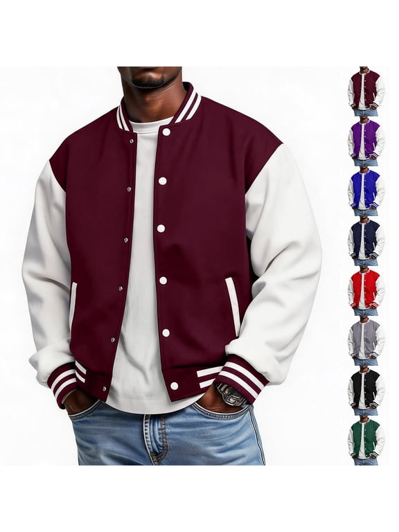 Men's Varsity Jacket Letterman Baseball Jacket Color Block Striped Ribbed Collar Casual Top Wine L