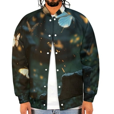 Men's Varsity Jacket Racer Jacket Oversized Baseball Bomber Jackets Unisex Streetwear Coats Glowing Butterfly Graveyard (X-Large)