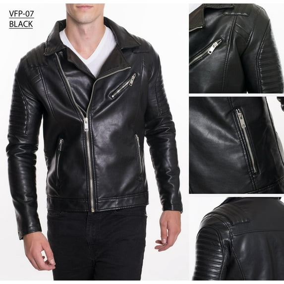 Men's Vegan Leather Jacket PU Fall Winter Fashion Casual Biker VFP-07 Black L
