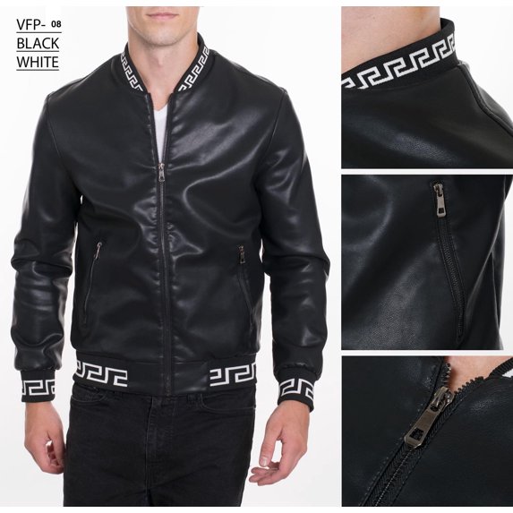 Men's Vegan Leather Jacket PU Fall Winter Fashion Casual Biker VFP-08 Black M