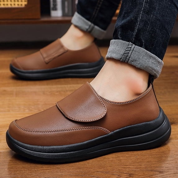 Men's Velcro Strap Thick Platform Slip-On Leather Casual Shoes