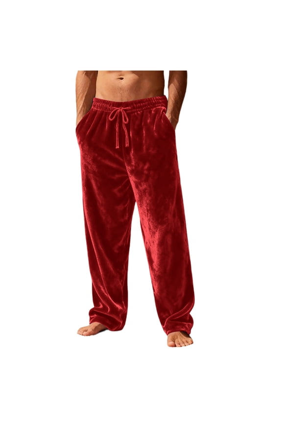 Men's Velour Casual Pants Loose-Fit with Elastic Waistband and Drawstring, Soft and Comfortable Trousers Ideal for Daily Wear, Lounge and Home Leisure Activities,Red,2XL
