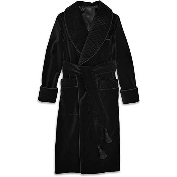 Men's Velvet Dressing Gown Black Quilted Luxury Gentleman Quilted Robes Smoking Jacket Long 