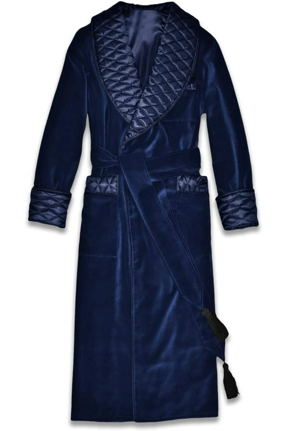 Men's Velvet Dressing Gown Silk Warm Luxury English Vintage Gentleman Robes Smoking Long Jacket Blue 