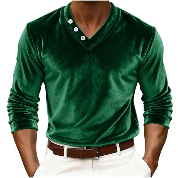 Men's Velvet Henley T-Shirts Vintage Long Sleeve Shirt Lightweight Relaxed Fit Shirt Casual Round Neck Shirts Green M