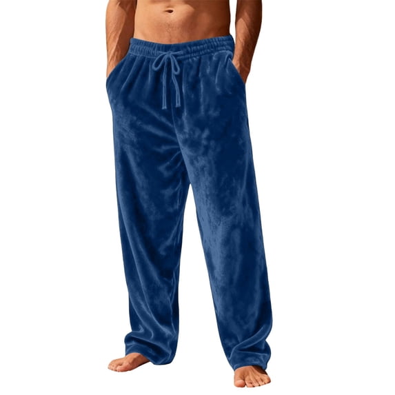Men's Velvet Plush Warm Pajama Pants Fluffy Soft Sleepwear Solid Color Homewear Blue L