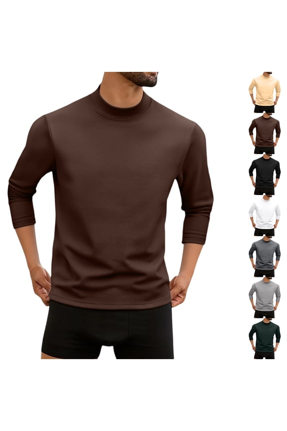 Men's Velvet Semi High Neck Thermal Base Layer Shirt, Double Sided Fleece Elastic Underwear for Cold Weather, Indoor Warmth and Layering Under Jackets,White,L