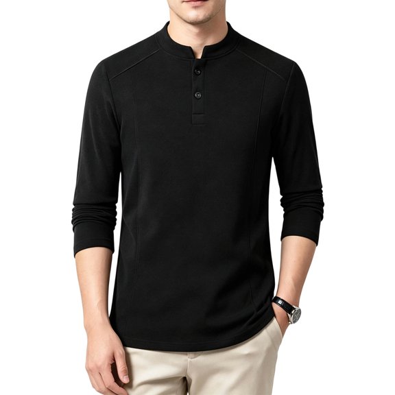 Men's Velvet Shirts Crew Neck Button Long Sleeve Comfy Pullover Pullover Fall Winter Warm Base Layer Tops (L, Black)