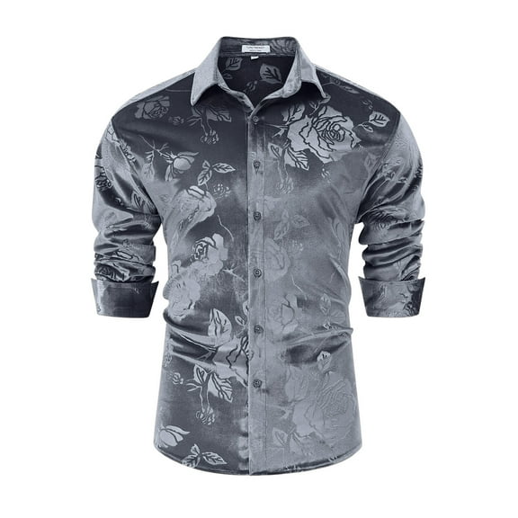 Men's Velvet Shirts Floral Printed Rose Shirts Long Sleeve Button Down Dress Wedding Party Shirts