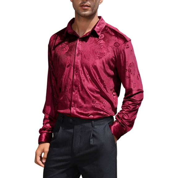 Men's Velvet Shirts Floral Printed Rose Shirts Long Sleeve Button Down Dress Wedding Party Shirts