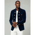 thumbnail image 1 of Men's Velvet Stand Collar Jacket, Double Breasted Navy Formal Coat, 1 of 2