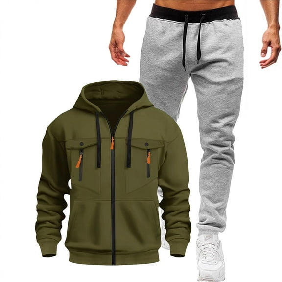 Men's Velvet Sweatshirt And Sweatpants Set Full Zip Hooded Sweatshirt Small Leg Sweatshirt Solid Color Casual Men's Long Sleeved Hooded Set