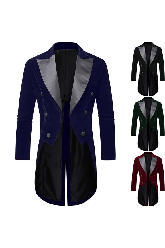 Men's Velvet Tailcoat Suit Jacket Gothic Victorian Blazer Double Breasted Contrast Satin Peak Lapel Tuxedo Coat for Stage Performance Prom Wedding, Blue, L