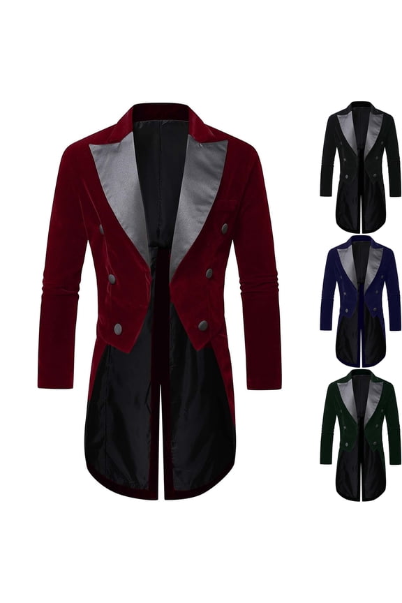 Men's Velvet Tailcoat Suit Jacket Gothic Victorian Blazer Double Breasted Contrast Satin Peak Lapel Tuxedo Coat for Stage Performance Prom Wedding, Red, XXL