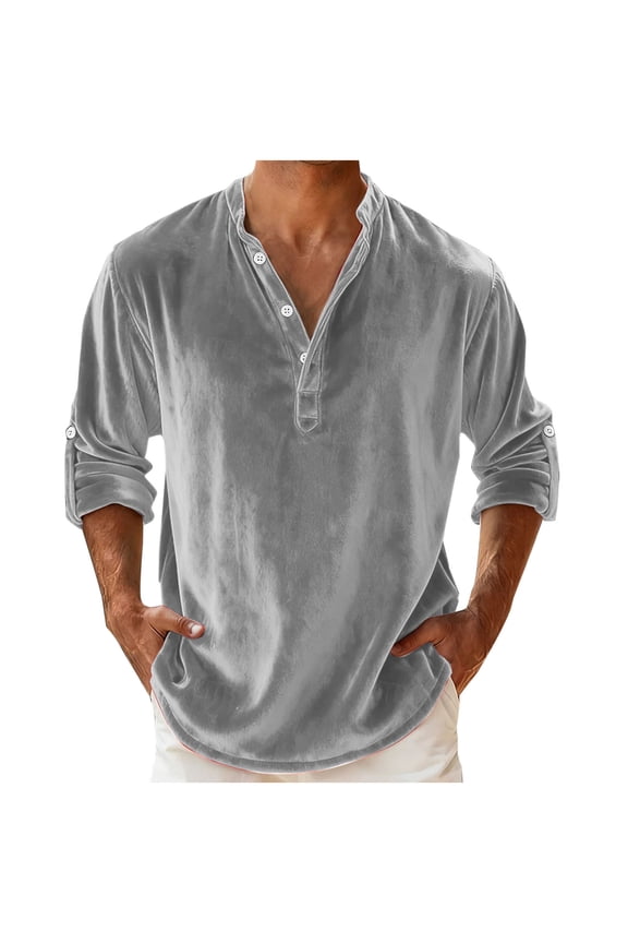 Men's Velvet Tops V Neck Rolled Long Sleeve Button Down Henley Shirts Trendy Evening Party Holiday Shirt
