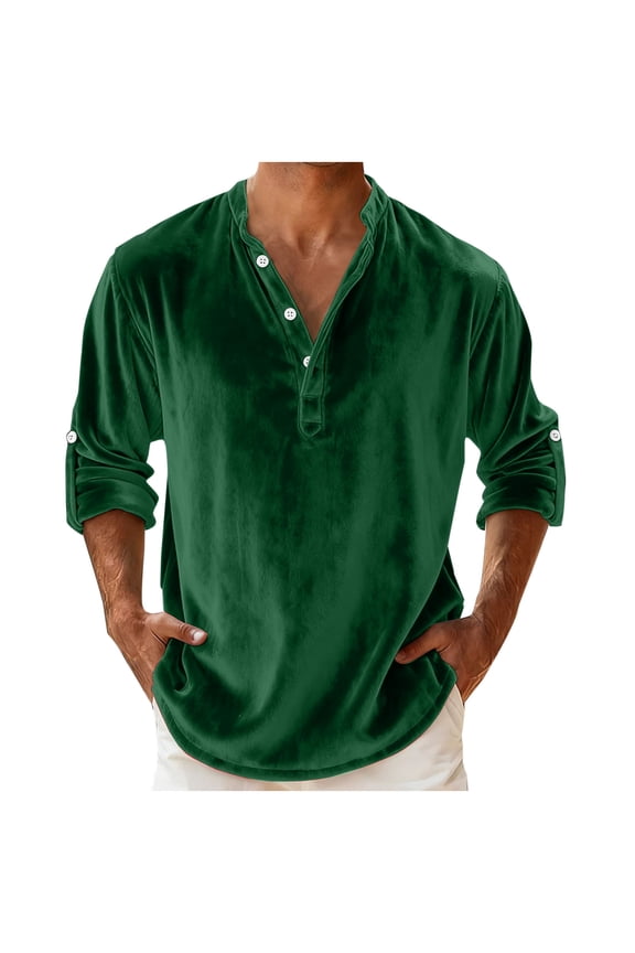 Men's Velvet Tops V Neck Rolled Long Sleeve Button Down Henley Shirts Trendy Evening Party Holiday Shirt
