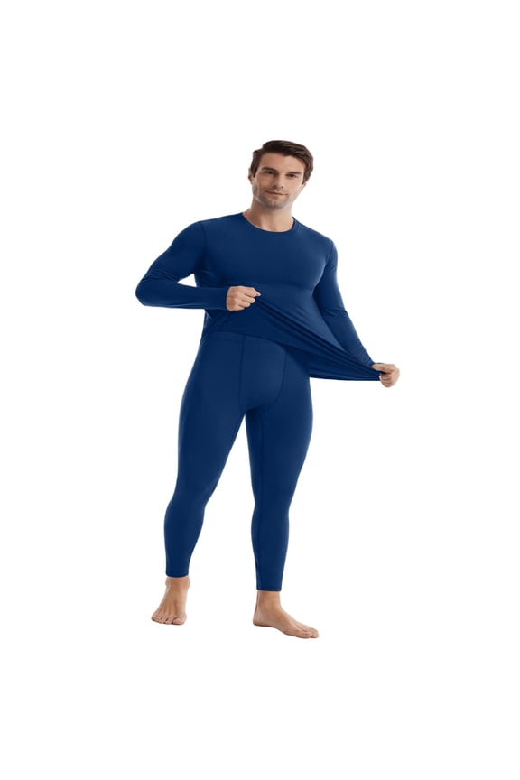 Men's Velvet Warm Sports Underwear Fitness Base Layer Quick-Drying Top Long Sleeve Set, Ideal for Gym Workouts and Cold Weather Activities,Navy,M