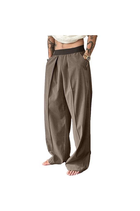 Men's Versatile Business Casual Loose Wide Leg Suit Pants, Casual Lightweight Dress Trousers with Pockets, Ideal for Business Meetings,Coffee,S
