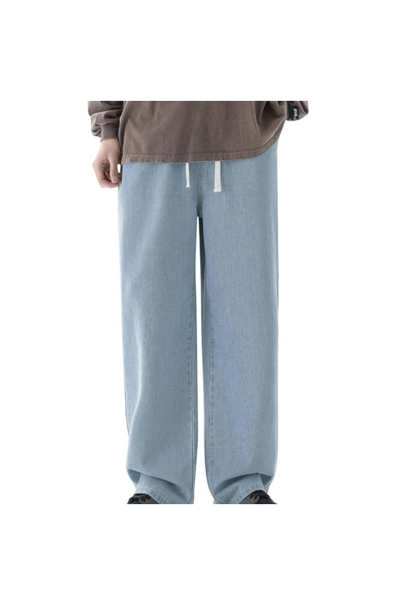 Men's Versatile Casual Jean Drawstring Elastic Waist Regular Fit Denim Pants Loose Straight Jeans with Pockets