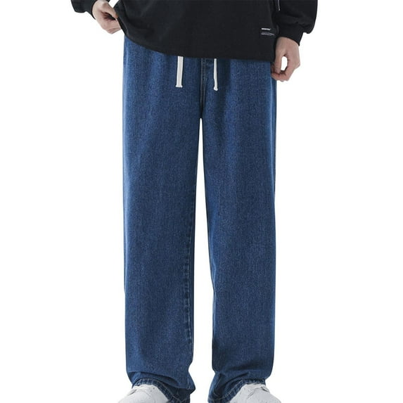 Men's Versatile Casual Jean Drawstring Elastic Waist Regular Fit Denim Pants Loose Straight Jeans with Pockets