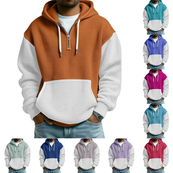 Men's Versatile Daily Quarter-Zip Hooded Waffle Knit Sweatshirt, Thickened Fleece Texture Pullover, Fall Spring Casual Wear,Orange,4XL