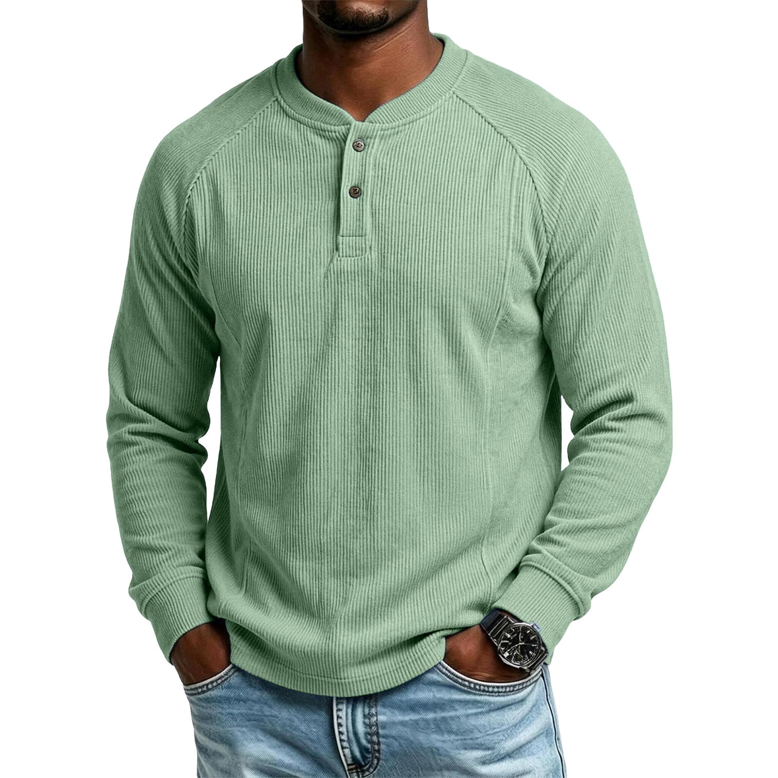 Men's Vertical Corded Texture Henley Long Sleeve Crew Neck Partial ...