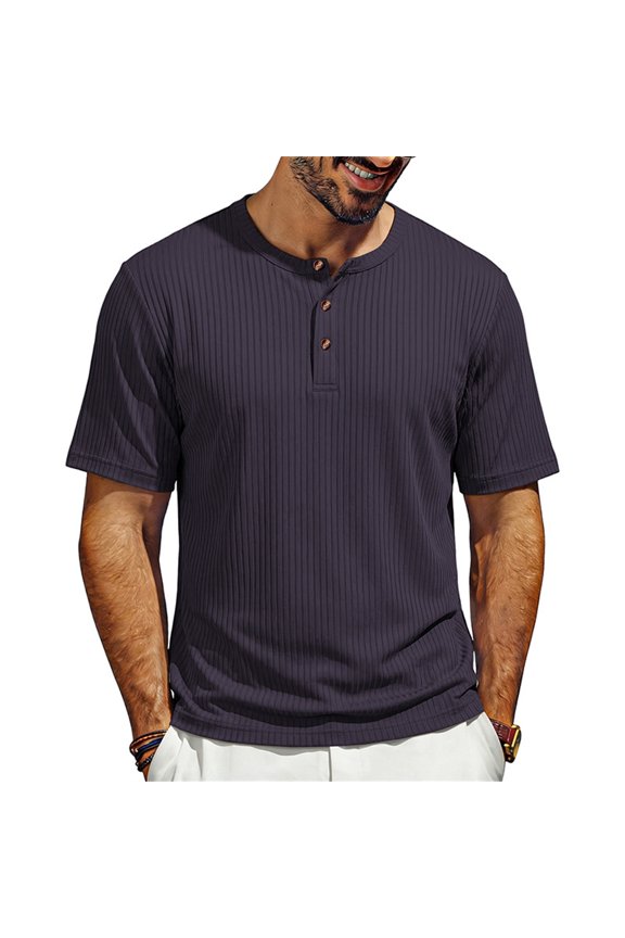 Men's Vertical Ribbed Henley T-Shirt Short Sleeve Button Placket Casual Textured Top