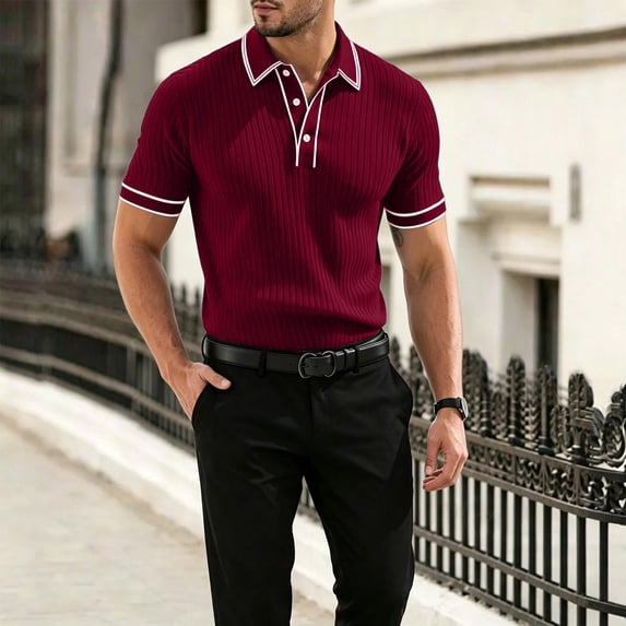 Men's Vertical Ribbed Polo Shirt Short Sleeve Contrast Piping Trim Stretch Collared Golf Top Casual Business Summer Shirt, 2XL