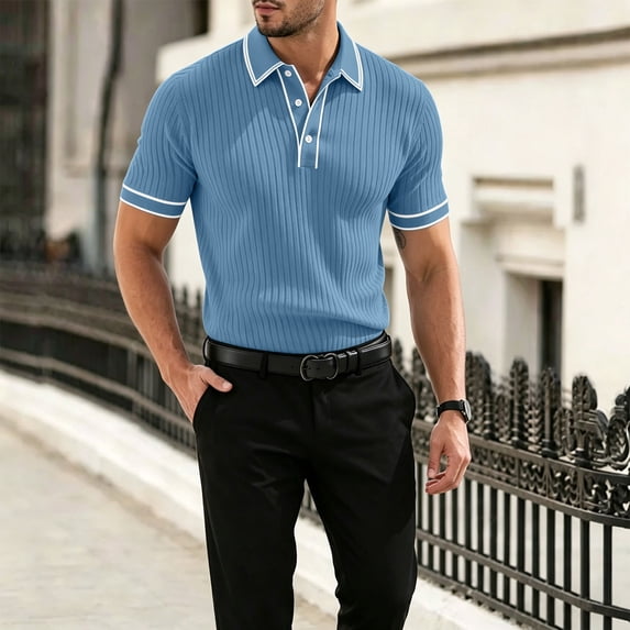 Men's Vertical Ribbed Polo Shirt Short Sleeve Contrast Piping Trim Stretch Collared Golf Top Casual Business Summer Shirt, M