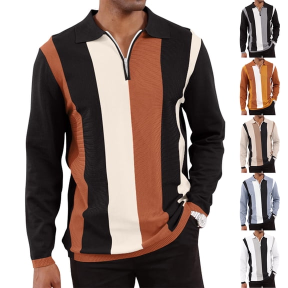 Men's Vertical Stripe Polo Shirt Long Sleeve, Loose Fit Casual Fashion Collar Top for Spring Fall Smart Casual,Light Brown,2XL