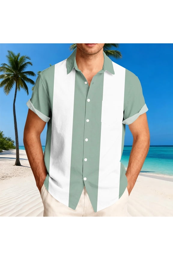 Men's Vertical Striped Color Block Button Down Short Sleeve Shirt Summer Beach Vacation Tops Lightweight Regular Fit Untucked Shirt Resort Wear, Big & Tall Sizes