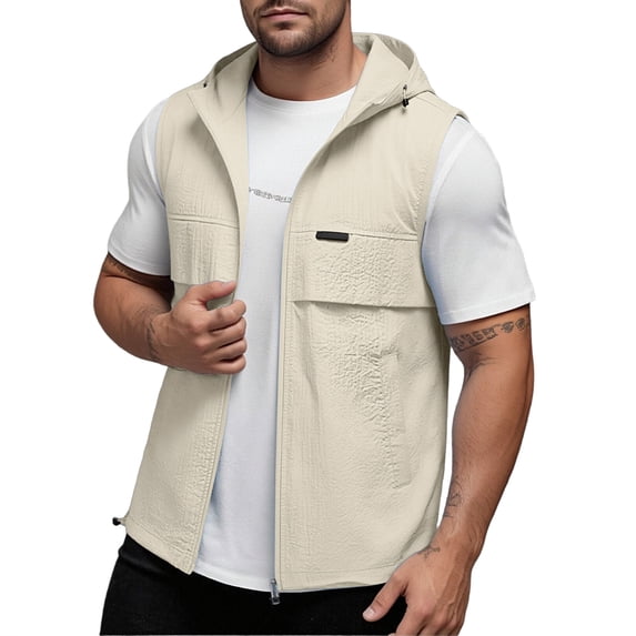 Men's Vest Jackets Sleeveless Hooded Zipper Cardigan Tops Summer Fall Solid Color Sports Hoodies Outdoor Casual Workout Outwears