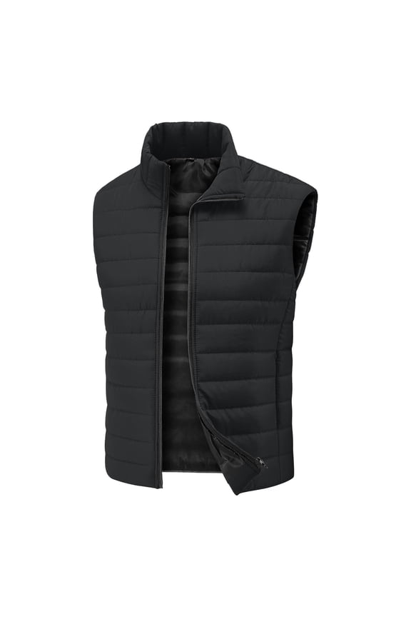 Men's Vest Lined Puffer Vest Quilted Down Sleeveless Down Vest Stand Collar Solid Color Vest Jacket Winter Warm Puffy Zip Up Streetwear for Golf Running Outdoor,Black L