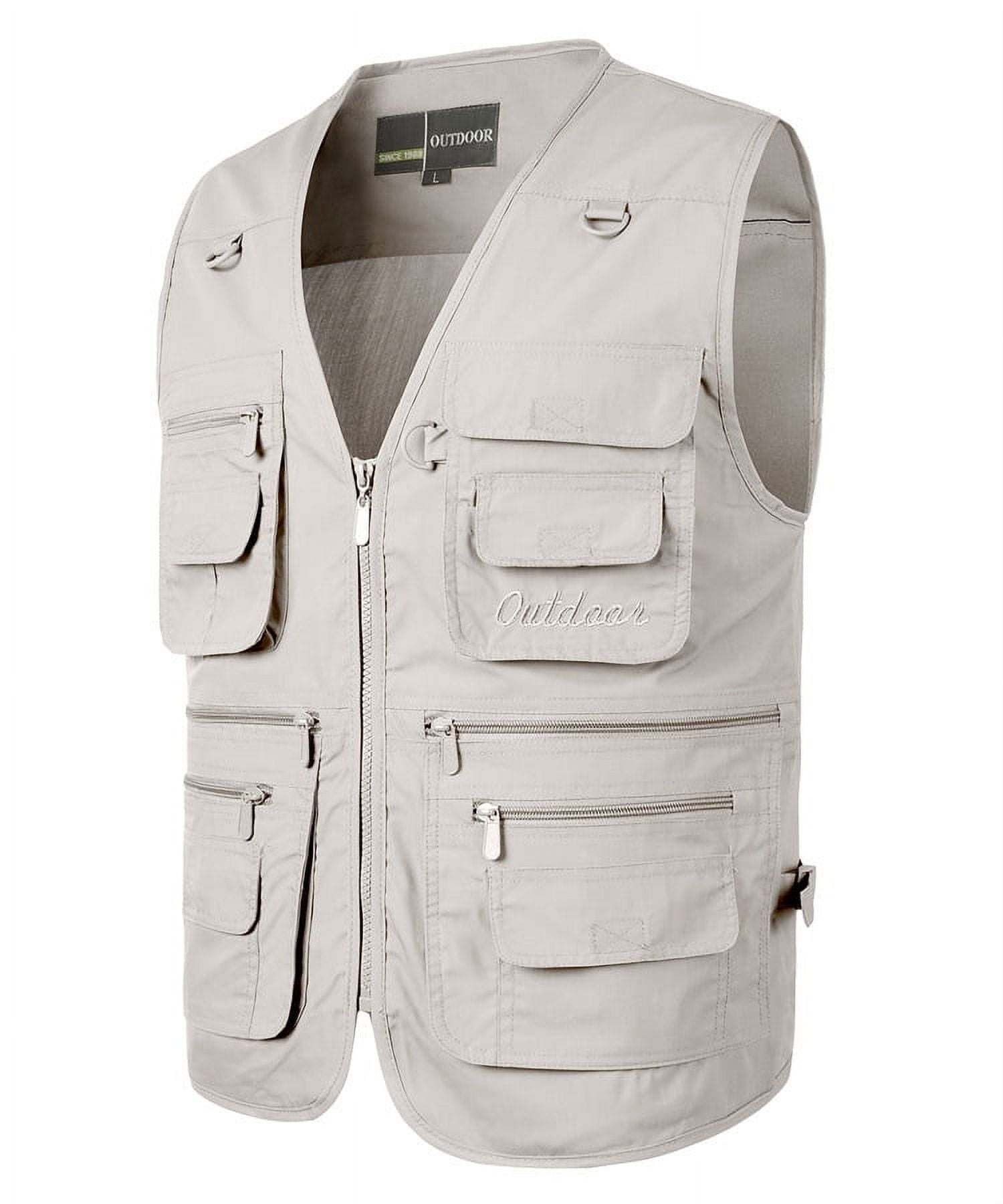 Men's Vest Sleeveless Jacket with Many Practical Pockets Outdoor Vest  Cotton Fishing Vest Leisure Hunting Trekking Hiking Angler Camping Safari,  Beige-L 