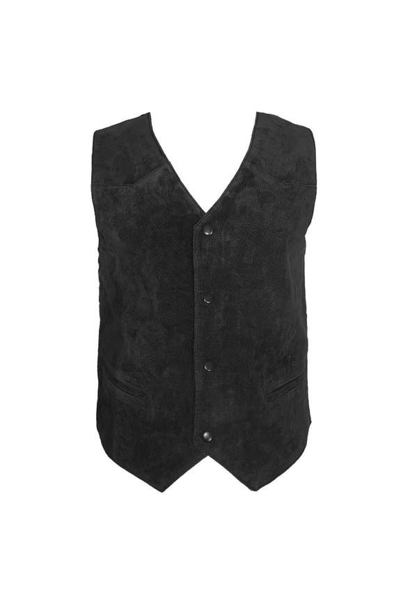 Men's Vest Soft Suede 4 Snap Closure Front Pockets Casual Western Sleeveless Top, Black, M