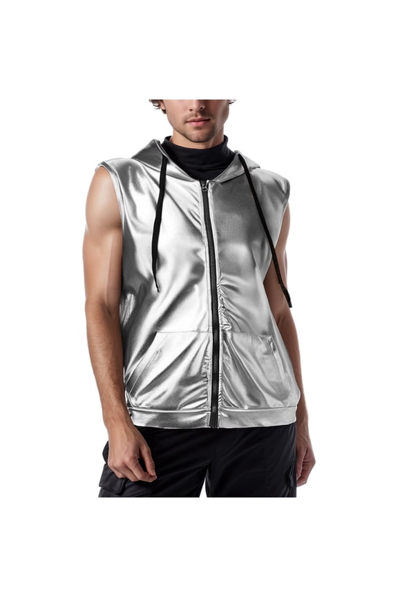 Men's Vest Undershirt Undershirt Men's Performance Vest Jacket Bright Flash Sports Casual Zipper Hooded Undershirt