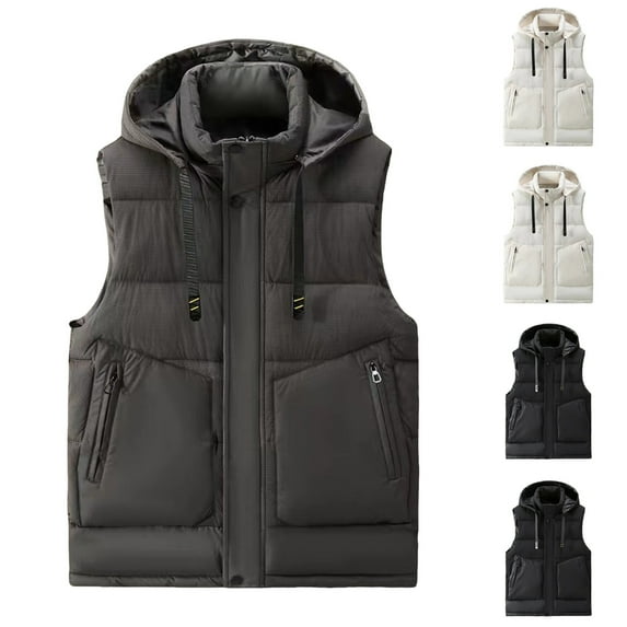 Men's Vest with Detachable Hooded Winter Plus Size Mens Solid Color Pockets Full Zipper Sleeveless Cardigan Jacket Warm Gilet Outerwear