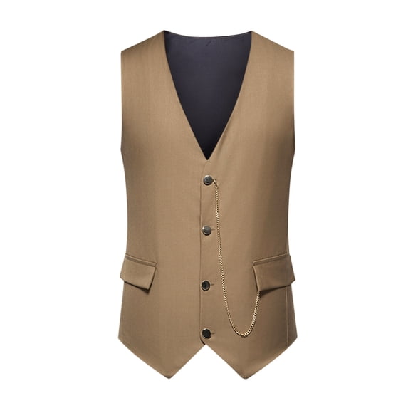 Men's Vests Waistcoat Button Chain V-Neck Formal Business Slim Fit Suit Vest Khaki XXL