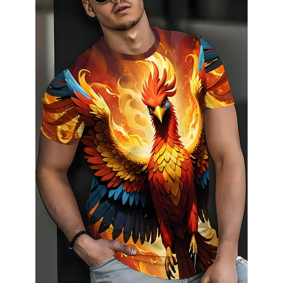 Men's Vibrant Phoenix 3D Printed T-Shirt - Fashionable Breathable Polyester, Casual Summer Crew Neck T-Shirt, Machine Washable