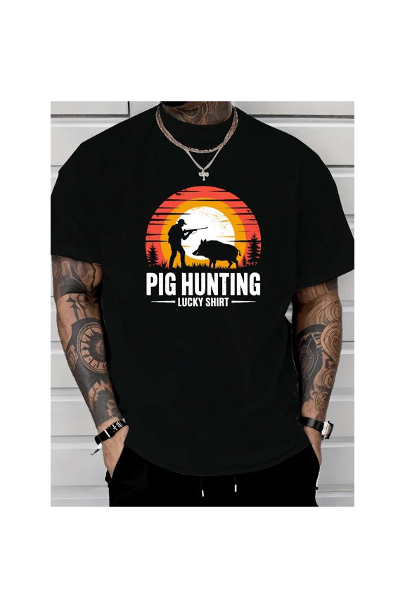 Men's Vibrant "Pig Hunting Lucky Shirt" Retro Sunset Scene Graphic Cotton Casual T Shirt Short Sleeve Round Neck Top Black S-5XL