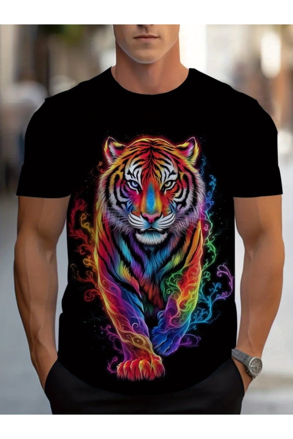 Men's Vibrant Rainbow Tiger Print Casual Sports T-Shirt -  Regular Fit for Gym, Outdoor & Casual Attire, Durable Construction, Printed Shirt, Gym Goers, Active Lifestyle, Highquality Stitching,